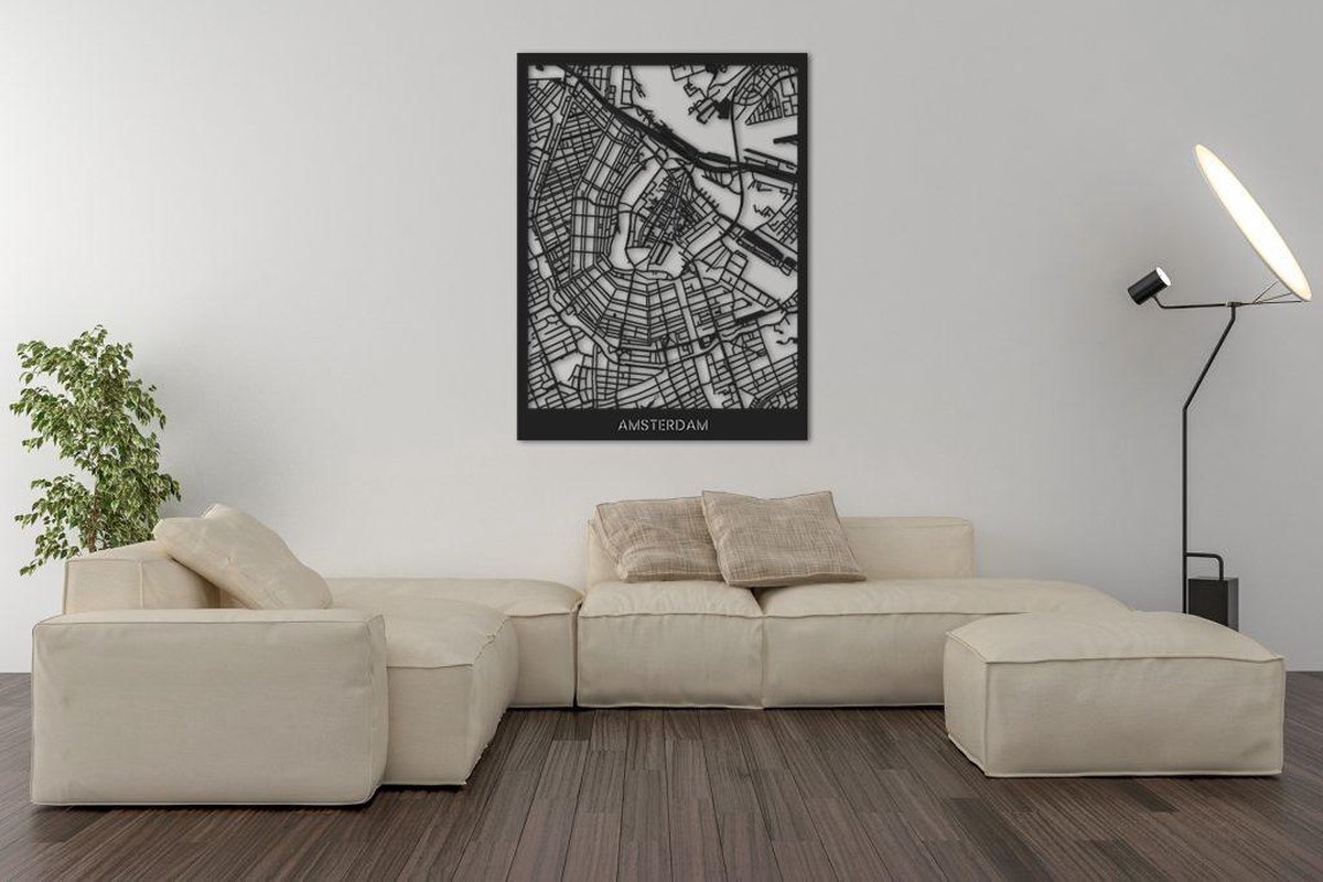 Amsterdam - Houten Kaart Stad | Groot 80x60cm | Zwart Hout | Plattegrond Stadskaart Prent Print | City Map | Landkaart | Stad | Wijk